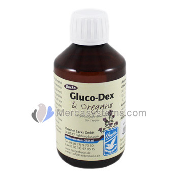 Backs Gluco-Dex + Origano 250 ml (solubile in acqua). Per Piccioni Viaggiatori. 
