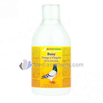 Productos para palomas: Bony Omega 3 Octa 20.000 especial concursos 250 ml, (mezcla de aceites de alta calidad enriquecida con octacosanol). Para palomas