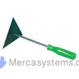 Accesorios para palomas: Raschietto metallico triangolare (10 x 10 cm) con manico in legno